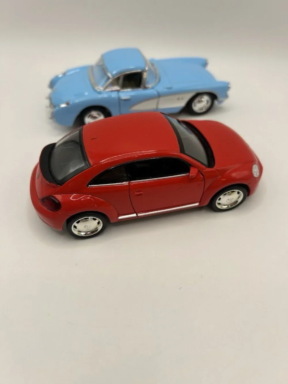 Lot of 3 Diecast Cars Corvette VW Beetle Mustang Kinsmart Scale Blue Red Yellow